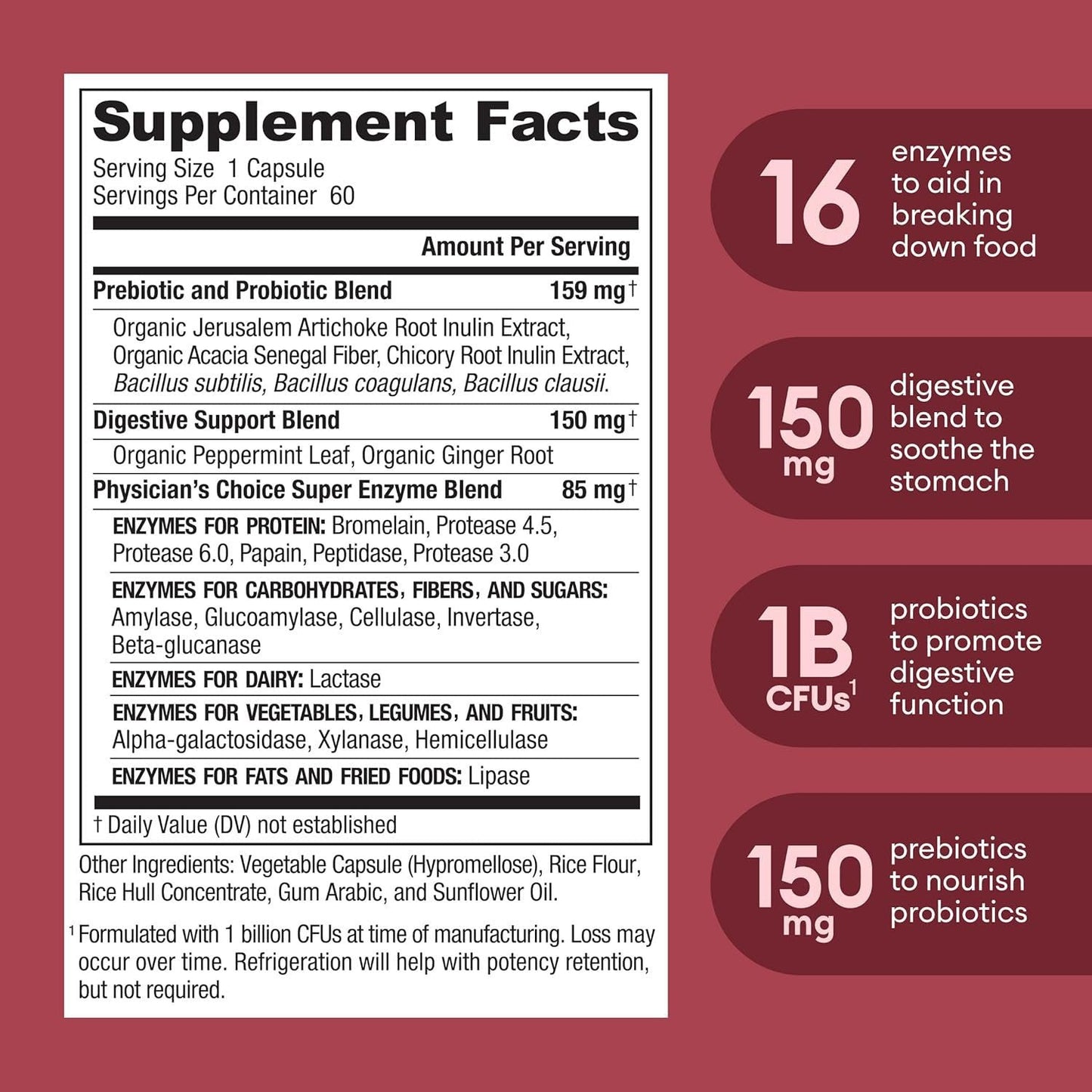 Digestive Enzymes With Prebiotics & Probiotics - 16-in-1 Multi-Enzyme Blend, 1 Billion CFU Probiotics, Supports Food Breakdown, Bloating Relief & Gut Function, 60 Capsules
