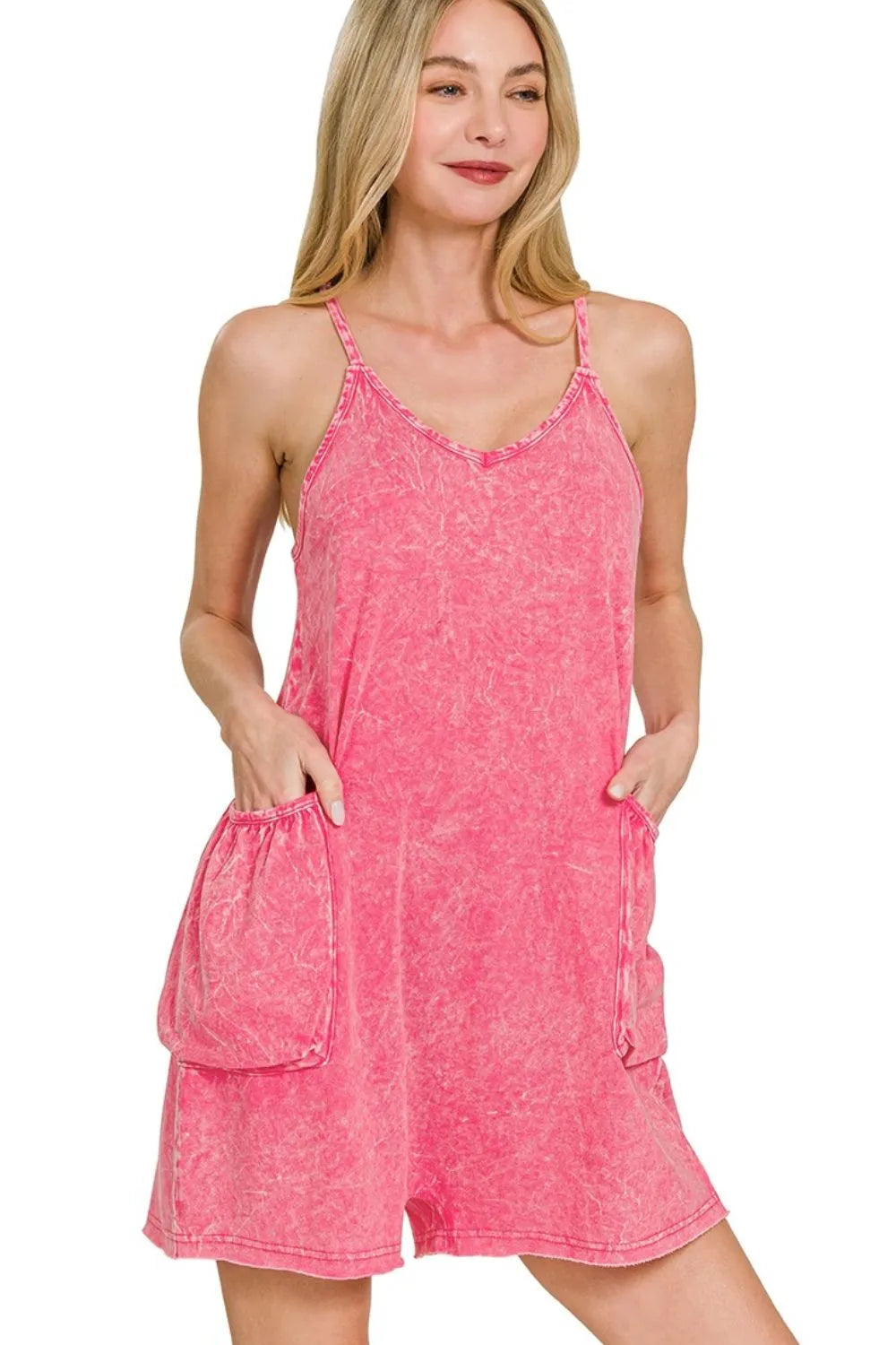 Zenana Acid Crinkle Washed Spaghetti Strap Romper