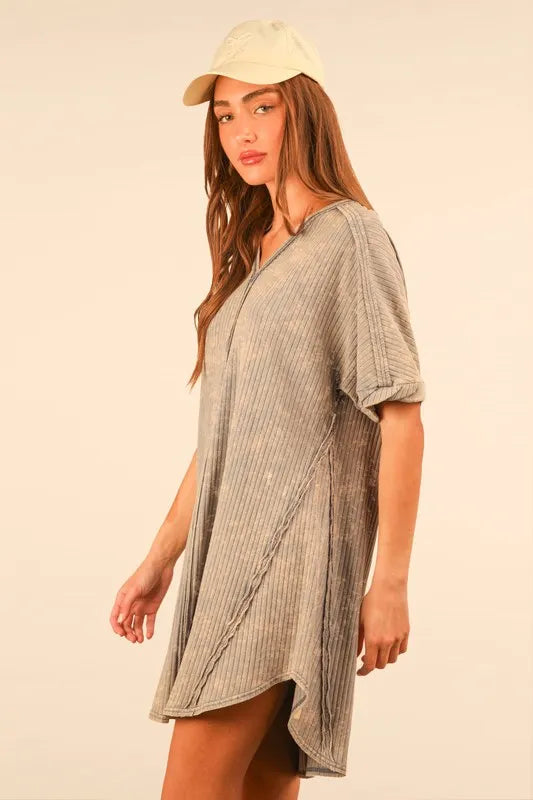 VERY J Plus Size Mineral Washed Ribbed Knit Mini Dress