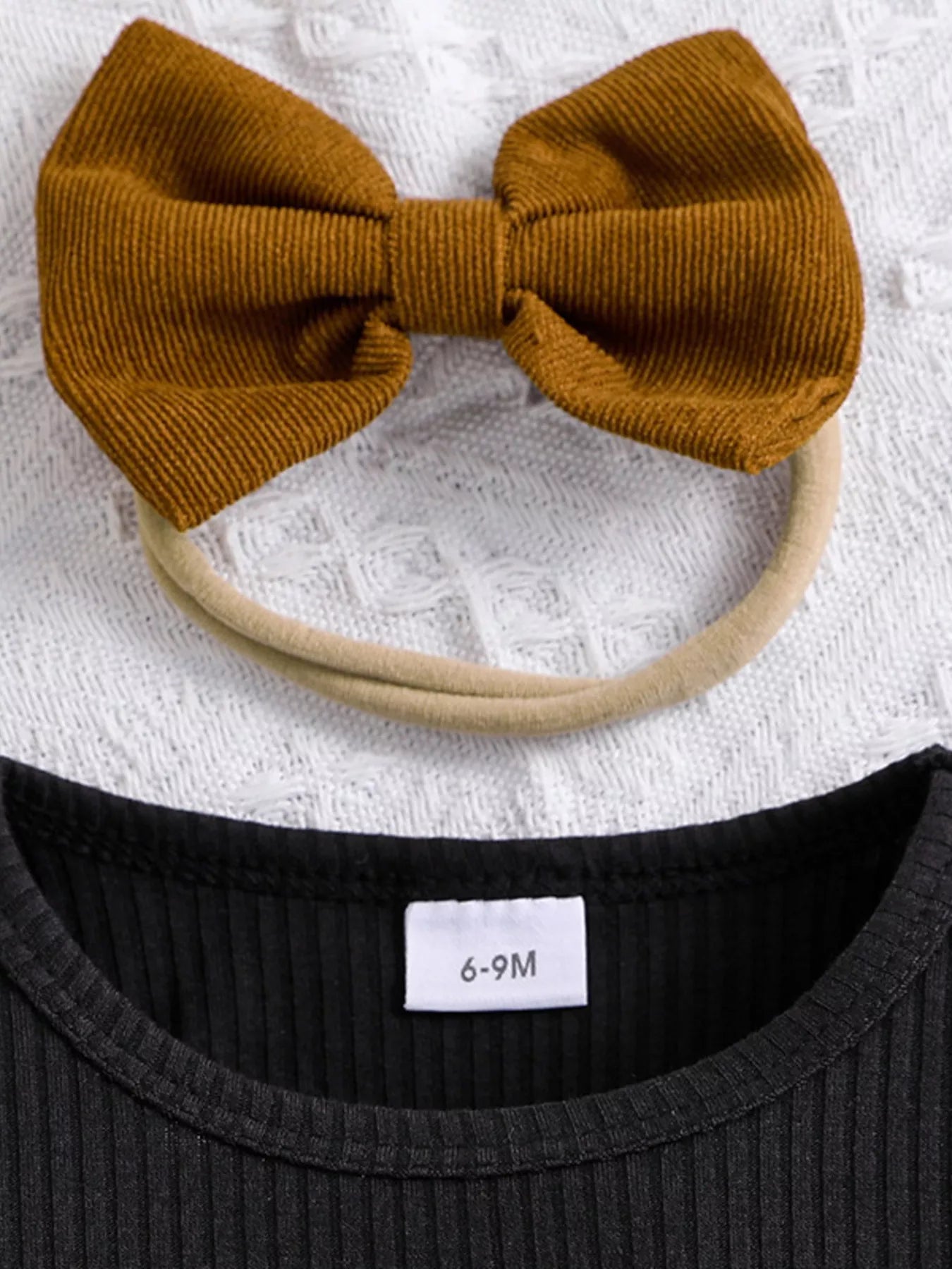 Children's Ribbed Top and Bow Skirt Set with Headband