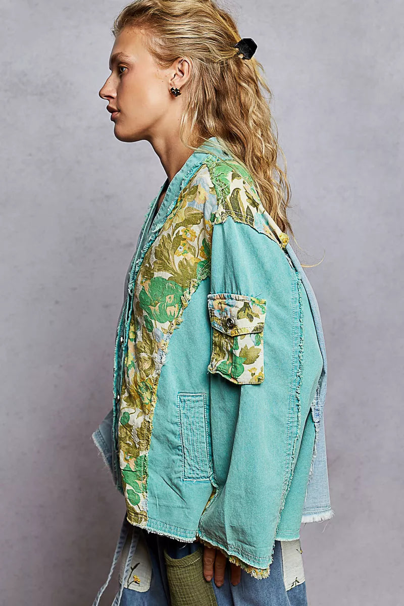 POL Button Down Floral V-Neck Long Sleeve Raw Hem Top