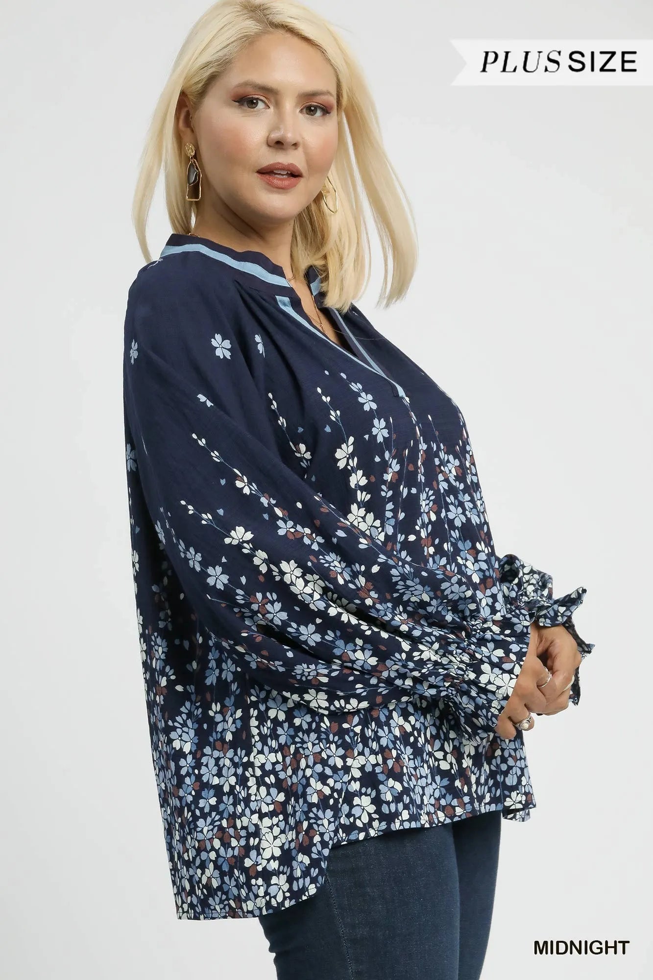 Umgee Full Size Floral Vine Print Blouse with Balloon Sleeves Plus Size