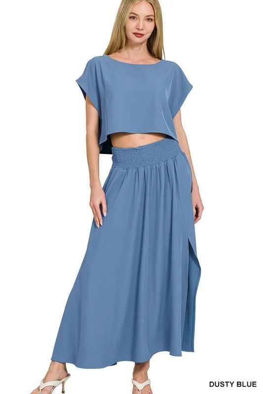 Zenana Woven Crinkle Gauze Crop Tee and Skirt Set