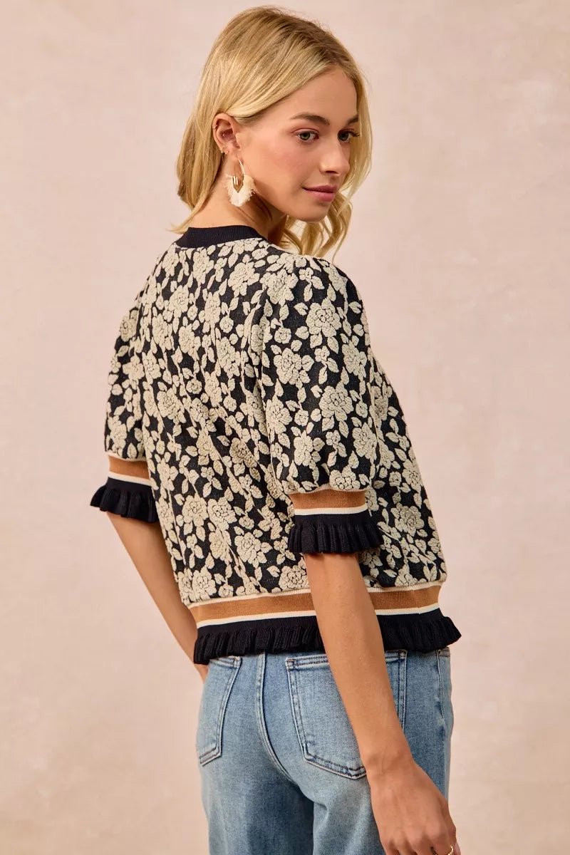 BiBi Textured Rose Knit Top Contrast Banded Puff Sleeve
