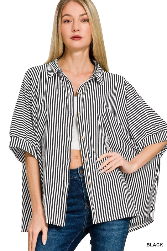 Zenana Oversized Stripe Button Down Shirt