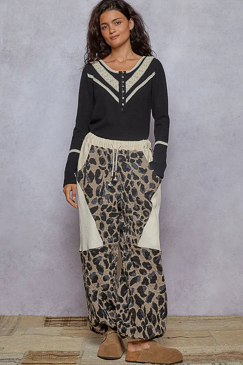 POL Ribbed Half Button Lace Detail Knit Top