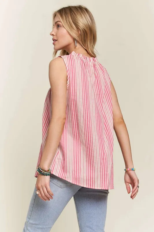 ADORA Contrast Striped Frill Round Neck Sleeveless Top