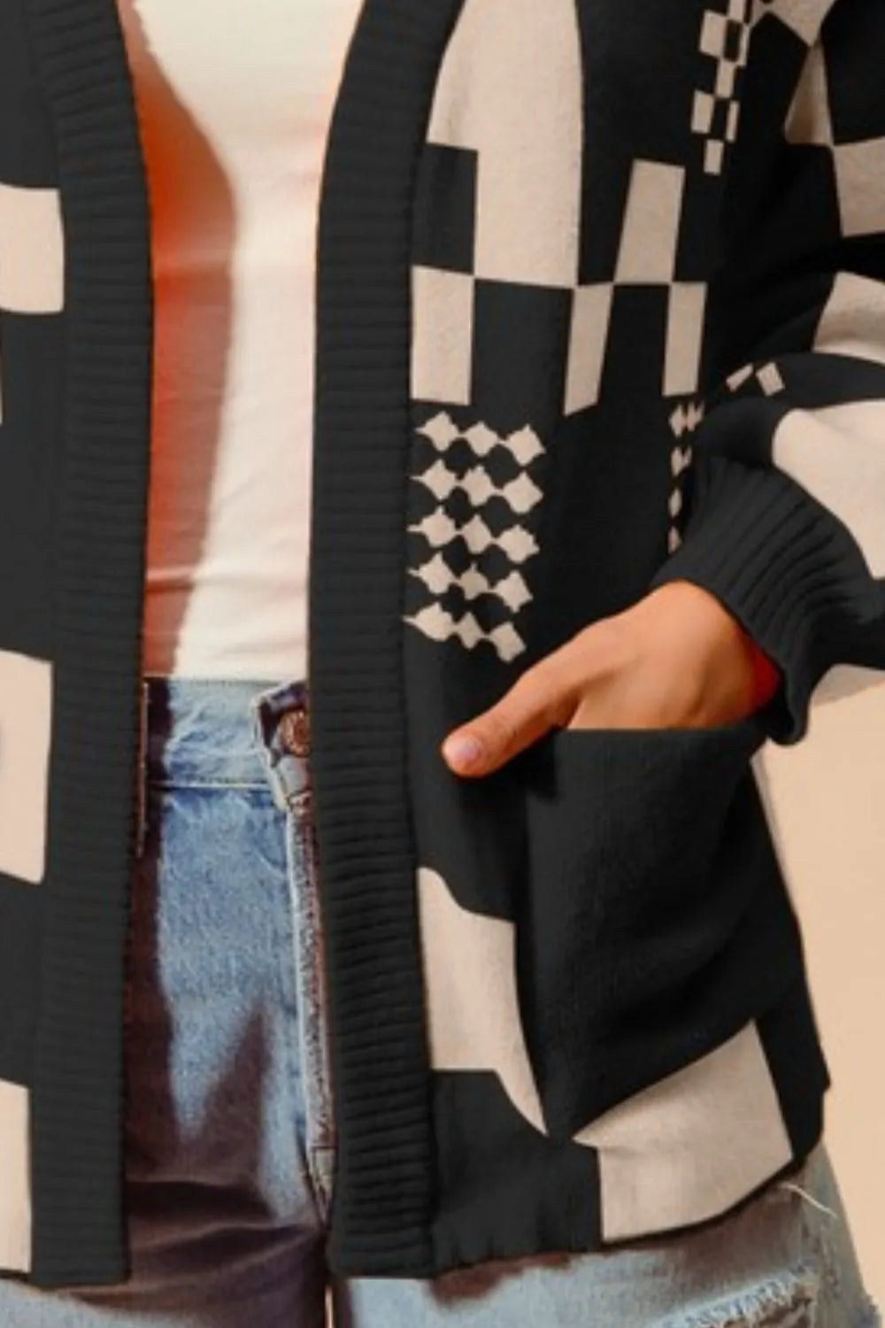 SO ME Checkered Open Front Cardigan with Pockets