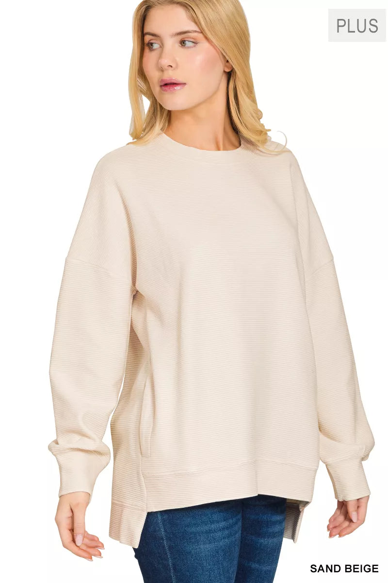 Zenana Full Size Acid Washed Double Ribbed Hi-low Sweatshirt Plus Size