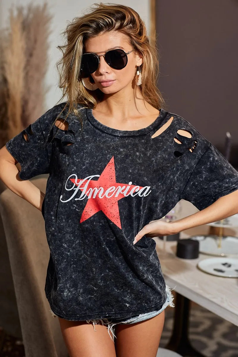 BiBi Laser Cut Mineral Washed Jersey Top with  America