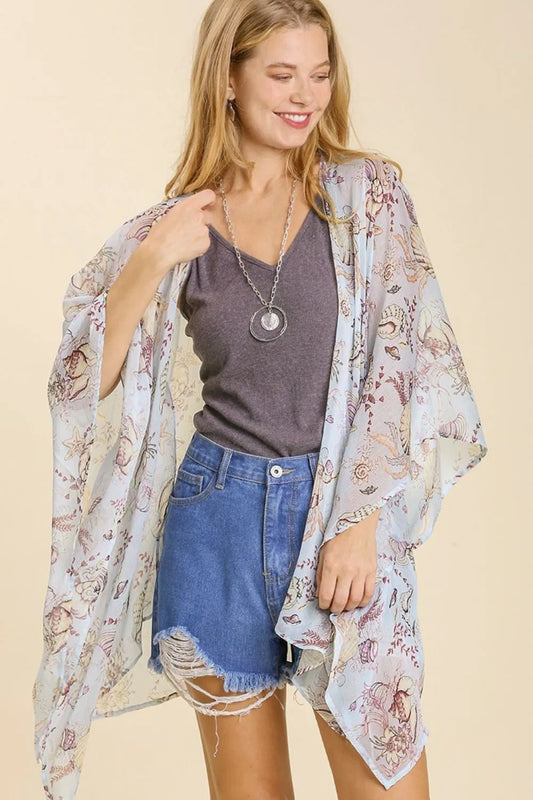 Umgee Full Size Sheer Mixed Print Kimono with Side Slit Plus Size