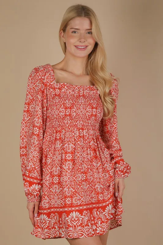 VERY J Printed Smocked Chest Boho Mini Dress