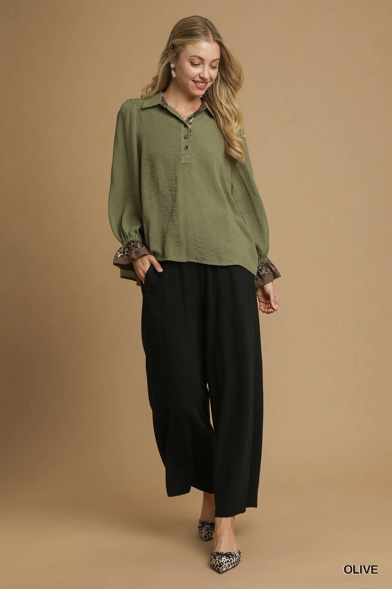 Umgee Half Button Blouse with Leopard Print Trim