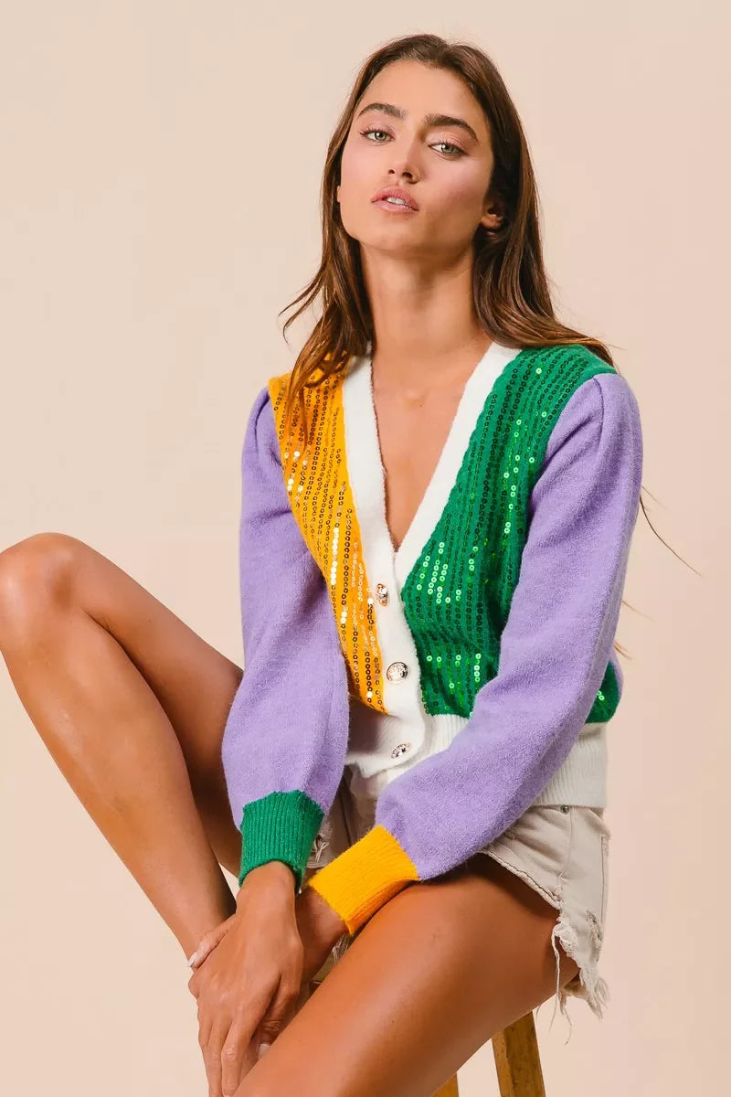 BiBi Mardi Gras Color Block Sequin Sweater Cardigan