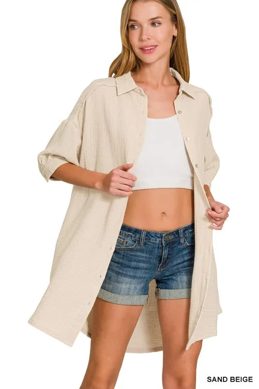 Zenana Washed Double Gauze Button Down Shirt Dress