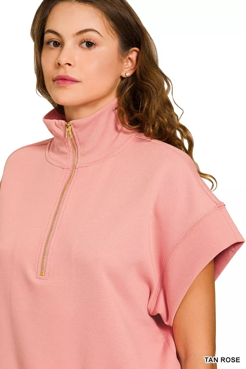 Zenana Full Size Scuba High Neck Half Zip Short Sleeve Top Plus Size