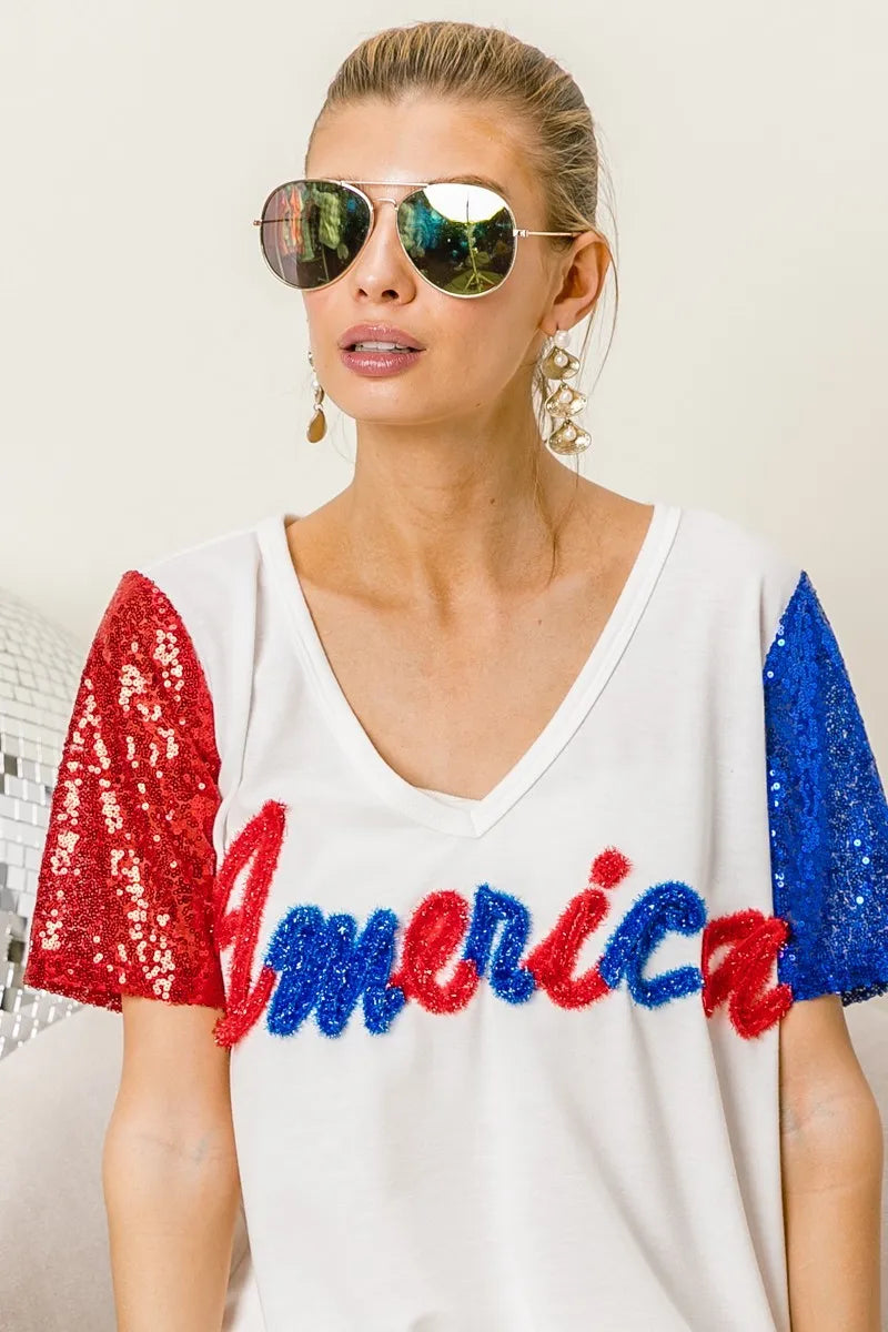 BiBi Metallic Letter V-neck Sequin Sleeves Top