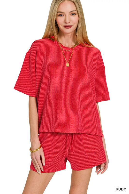 Zenana Raised Rib Short Sleeve Tee and Drawstring Shorts Set