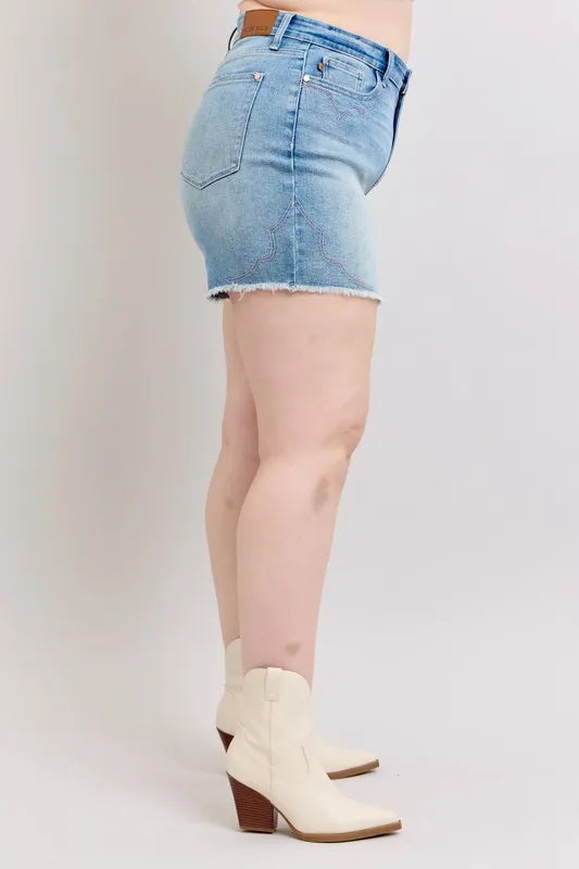 Judy Blue Plus Size High Waist Western Embroidery Detail Cut Off Denim Shorts