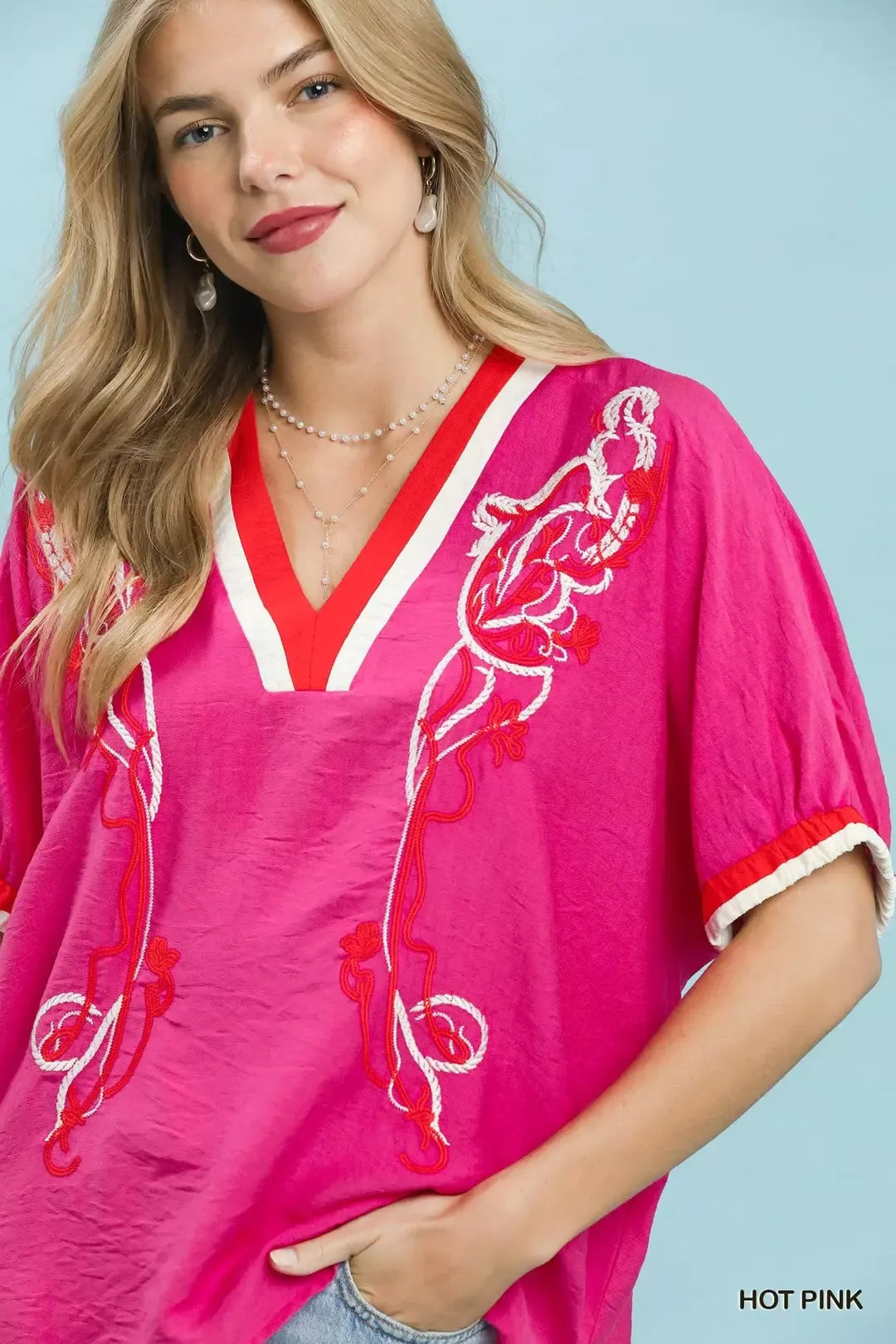Umgee Embroidered Floral V-Neck Short Sleeve Blouse with Contrast Trim