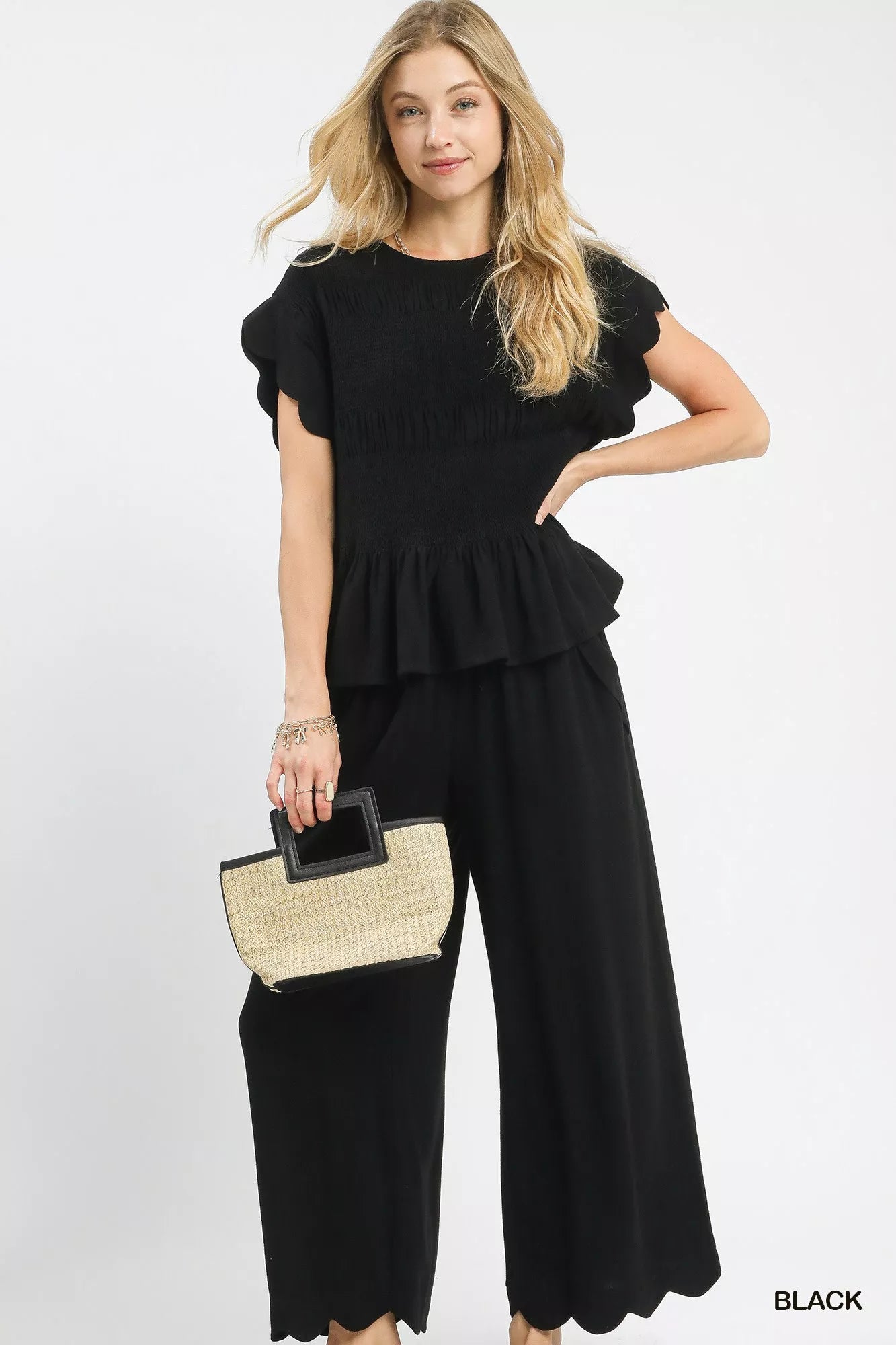 Umgee Linen Blend Smocked Peplum Blouse