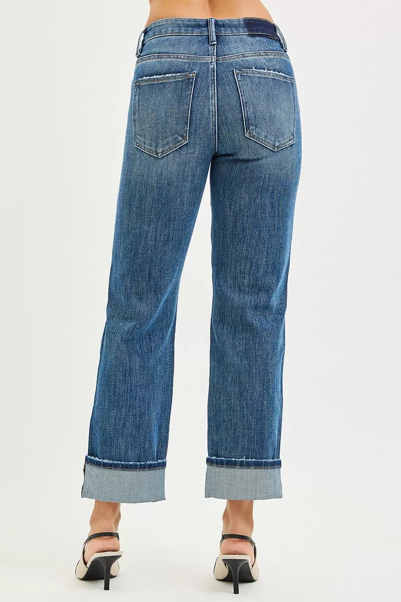 RISEN Full Size 4 Way Stretch Slouchy Straight Jeans with Cuffed Hem Plus Size