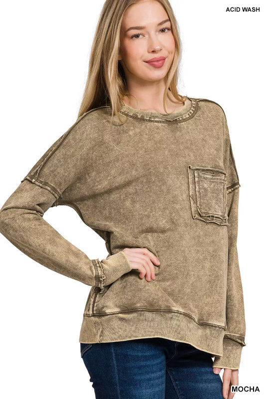 Zenana French Terry Washed Raw Edge Front Pocket Pullover