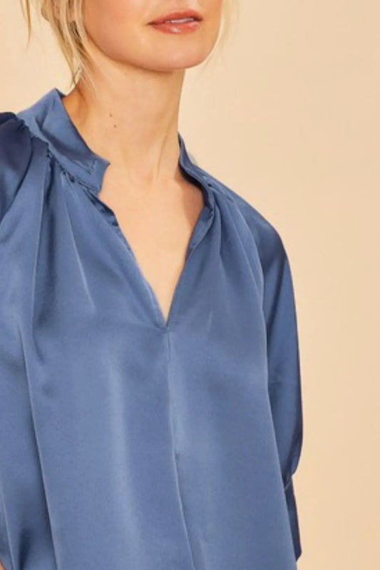 Annie Wear Satin V Neck Open Short Sleeve Woven Blouse Top