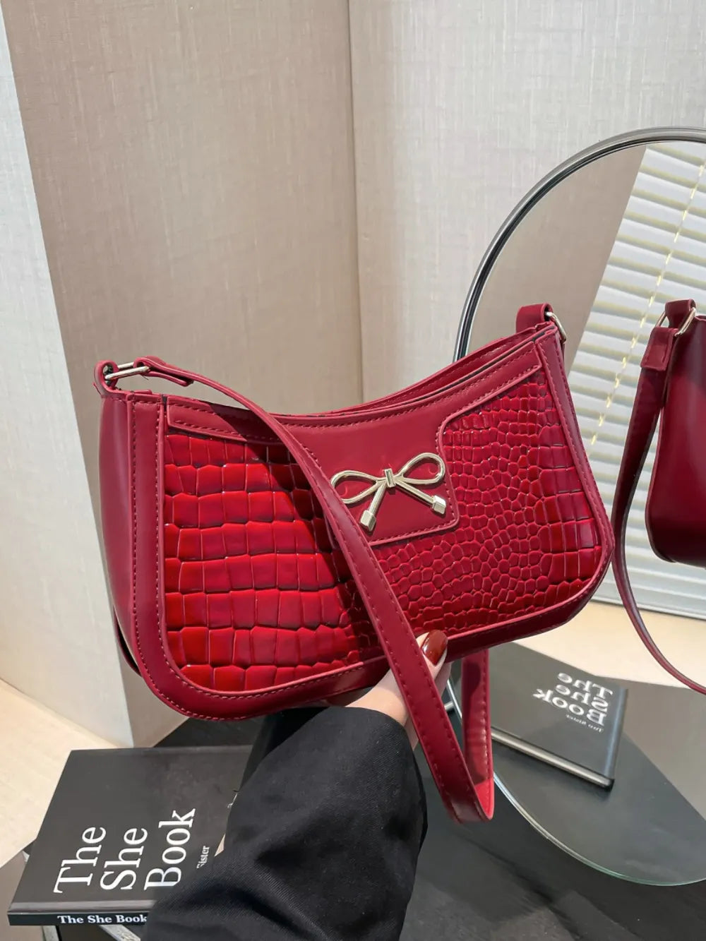 Crocodile Pattern Shoulder Bag with Bow Detail