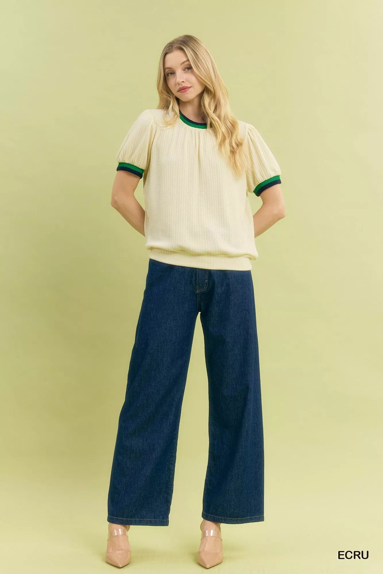 Umgee Puff Sleeve Knit Top with Contrast Rib Trim