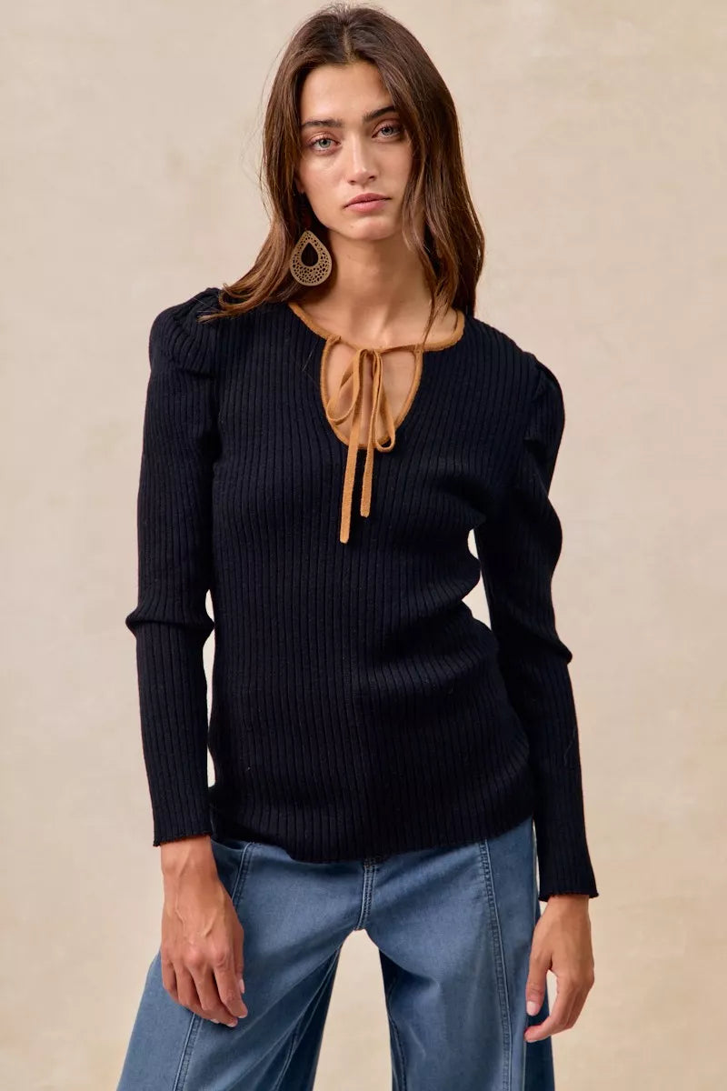 BiBi Ribbed Contrast Front Tied Top with Shrried