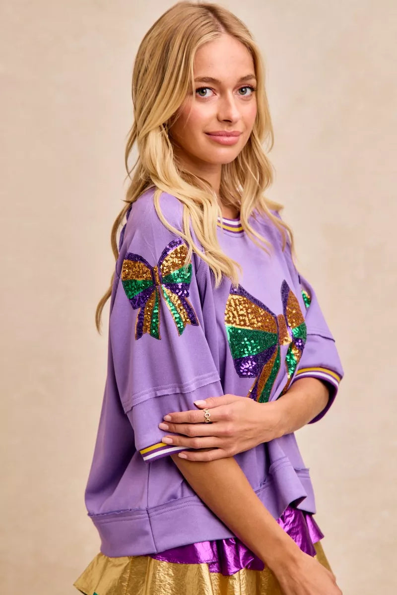 BiBi Mardi Gras Theme Ribbon Sequin Patched Top