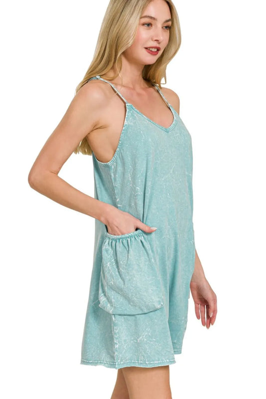 Zenana Acid Crinkle Washed Spaghetti Strap Romper