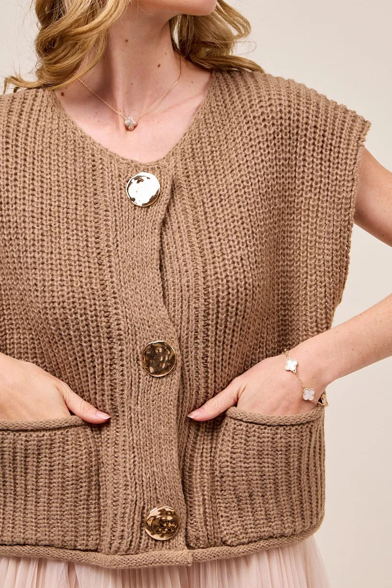 SO ME Big Metal Button Front Sweater Vest