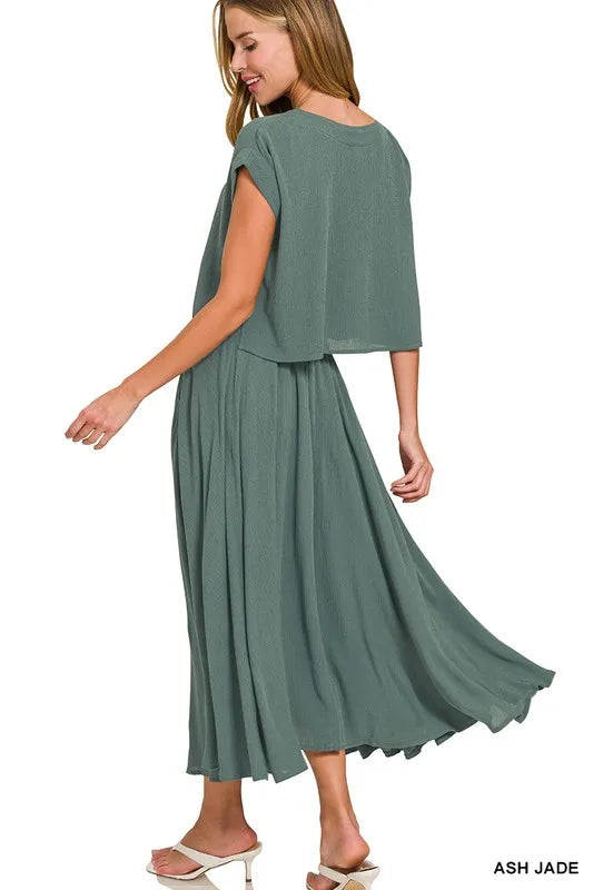 Zenana Woven Crinkle Gauze Crop Tee and Skirt Set