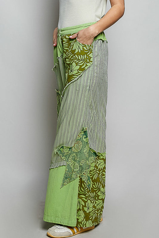 POL Striped Floral Patchwork Wide leg Pants with Side Big Star Patch
