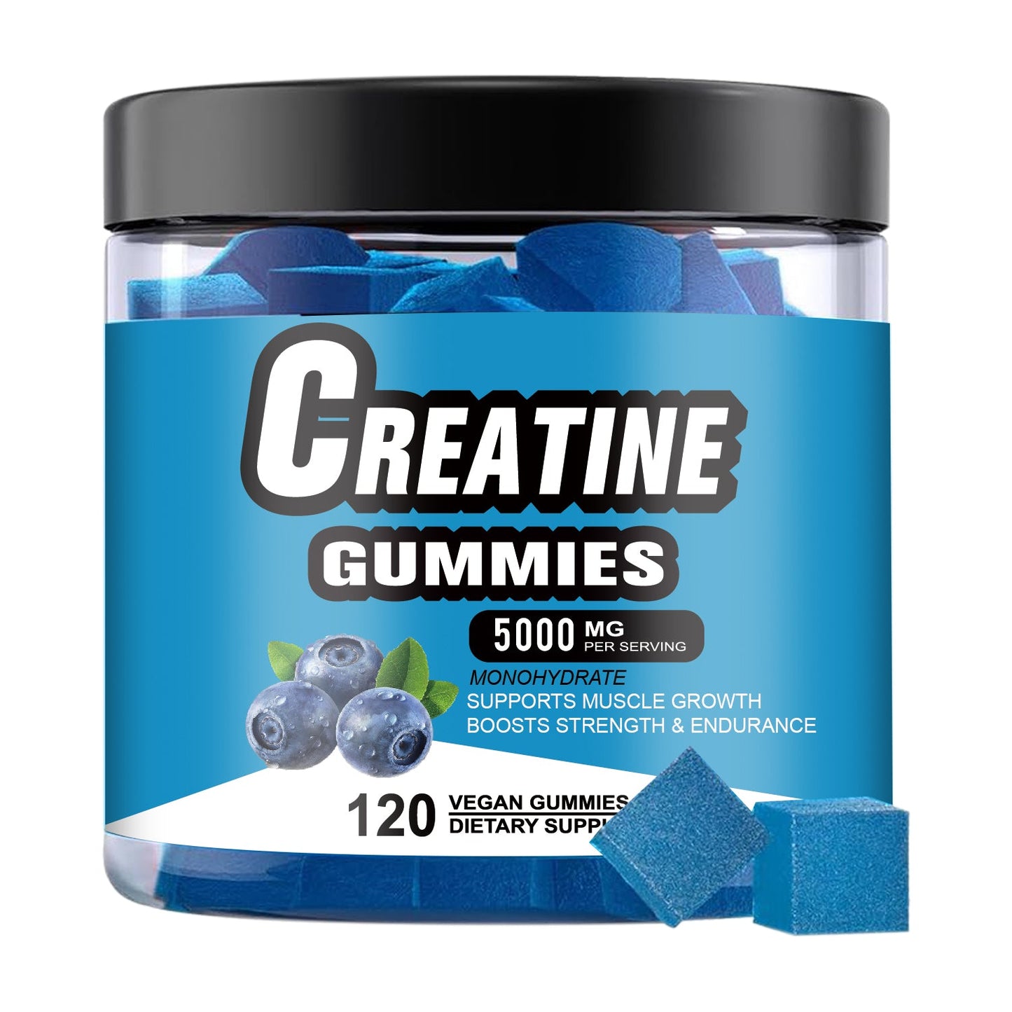 Creatine Monohydrate Gummies, 5000mg, Vegan Blueberry Flavor, Supports Muscle Growth & Strength, 120 Gummies Dietary Supplement