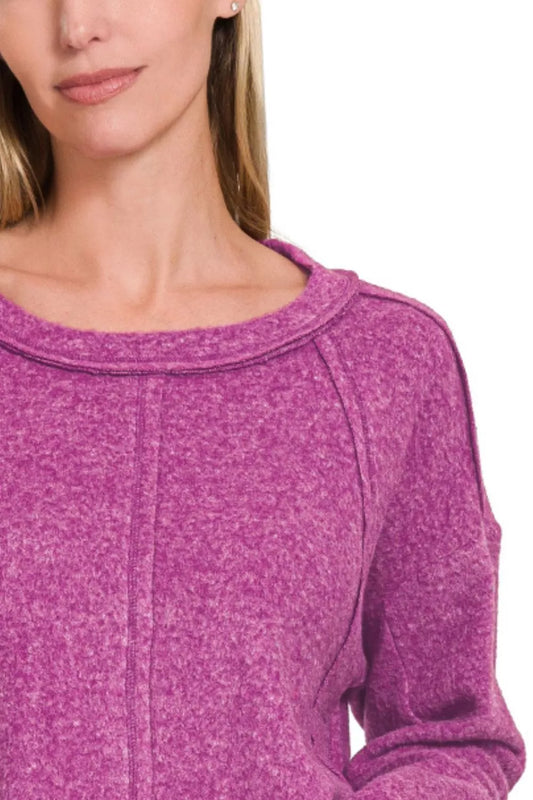 Zenana Brushed Hacci Exposed Seam Hi Low Sweater