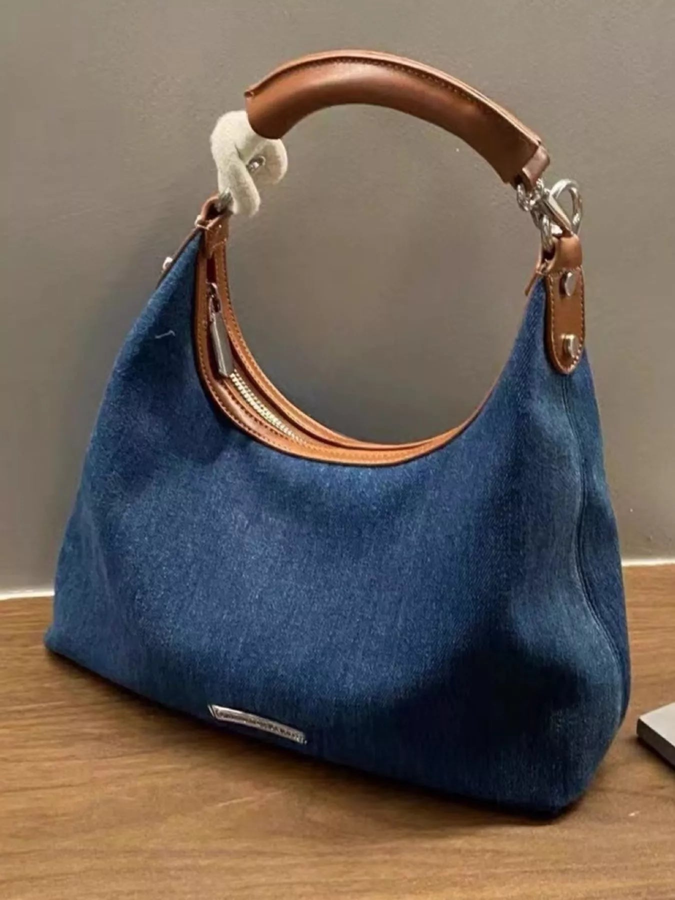 Denim Shoulder Bag with Leather Handle
