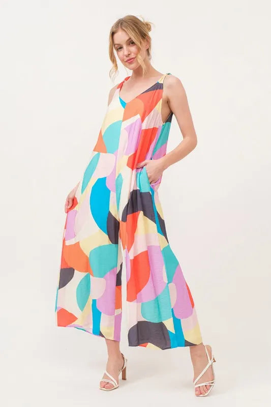 And The Why Tied Shoulder Straps Wide-Leg Geo Print Jumpsuit
