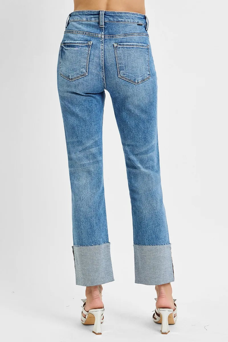 RISEN Full Size High Rise Ankle Straight Wide Cuffed Jeans Plus Size