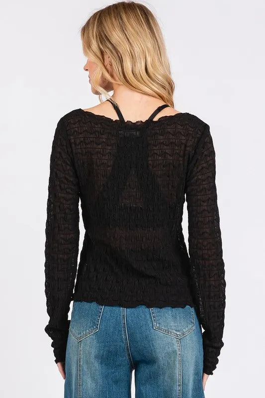 Mittoshop Lettuce Hem Boat Neck Long Sleeve Blouse