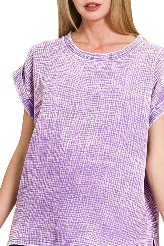 Zenana Woven Double Gauze Acid Washed Short Sleeve Top