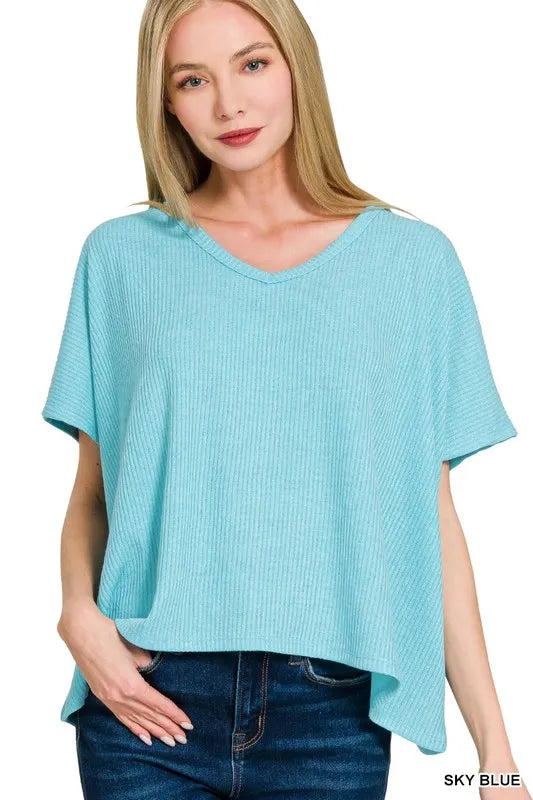 Zenana Ribbed V-Neck Short-Sleeve Knit Top