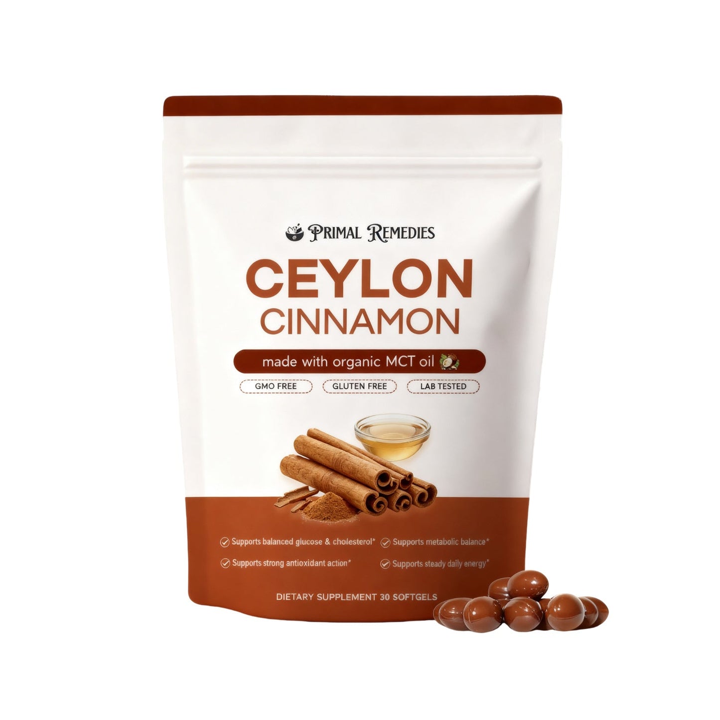 Primal Remedies Ceylon Cinnamon Softgels With Organic MCT Oil, Supports Balanced Glucose & Antioxidant Health, 30 Softgels Dietary Supplement