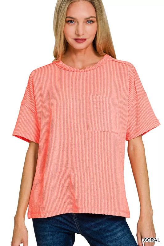 Zenana Raised Rib Exposed Seam Short Sleeve Top