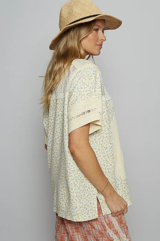 POL Number Floral Crochet Button Detail Half Sleeve Top
