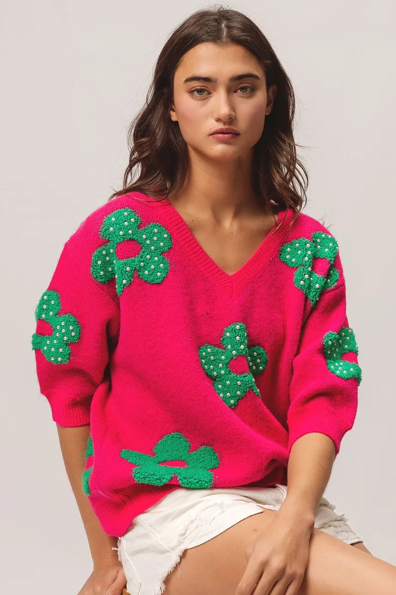 BiBi Pearl Beads Flowers Sweater Top