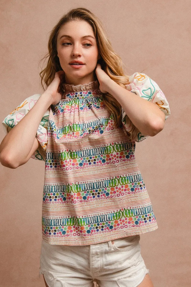 BiBi Ruffle Neckline Blouse With Embroidery Bubble Sleeve