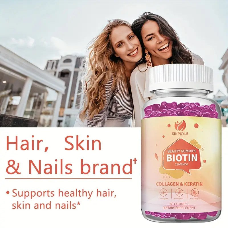Biotin 12000MCG Beauty Gummies With Collagen & Keratin, Hair, Skin & Nail Support, 60 Count